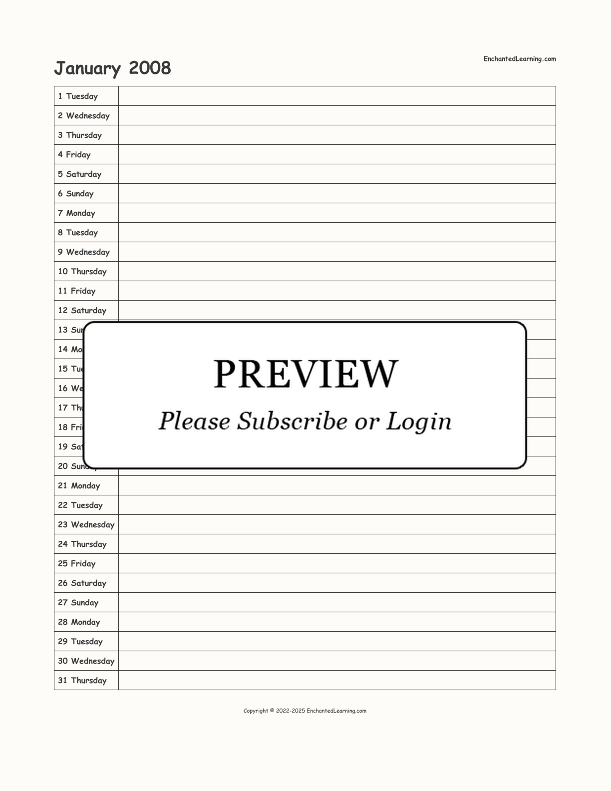 January 2008 Calendar interactive printout page 1