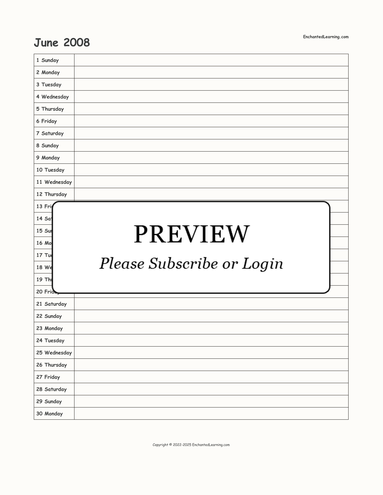 June 2008 Calendar interactive printout page 1