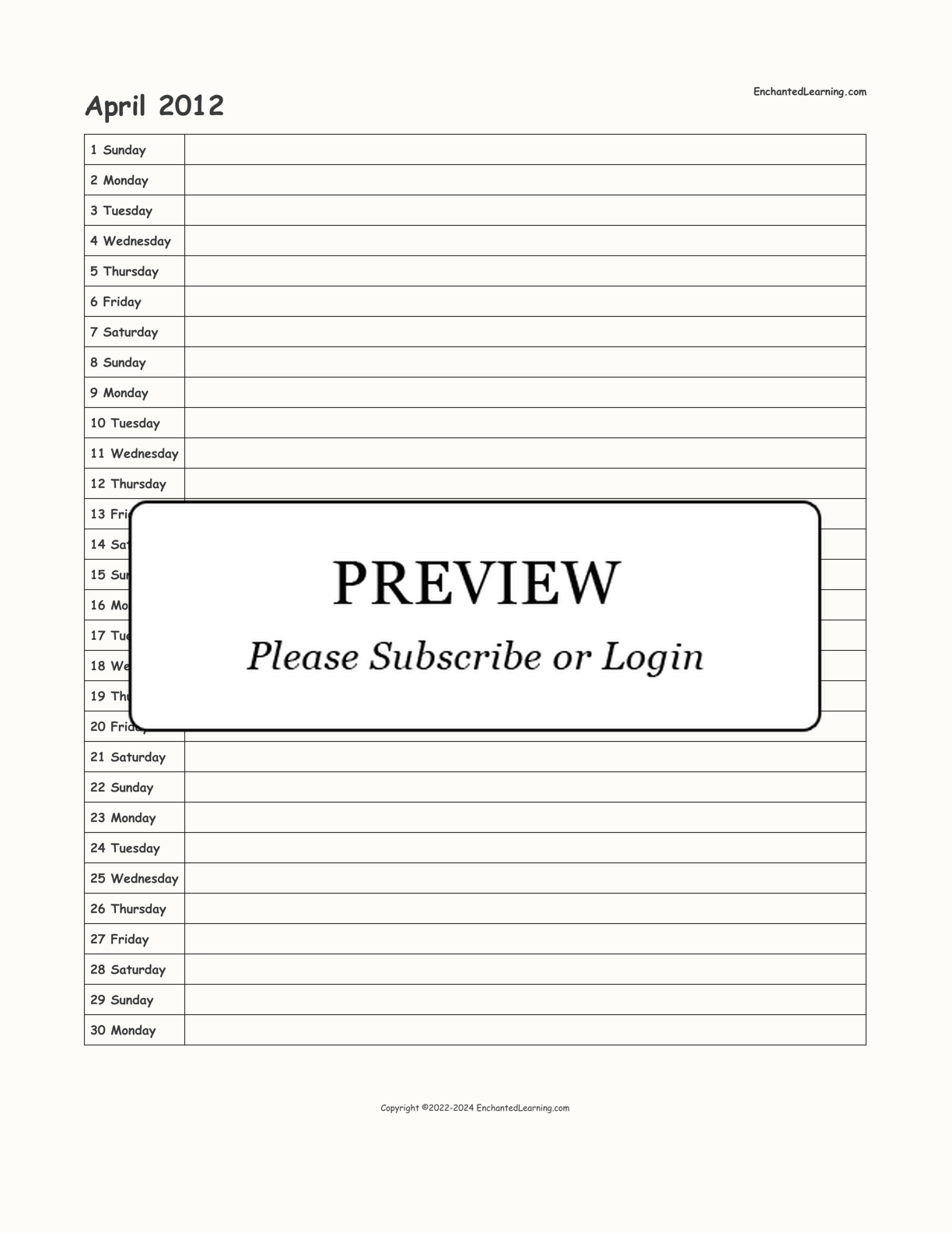 April 2012 Calendar interactive printout page 1