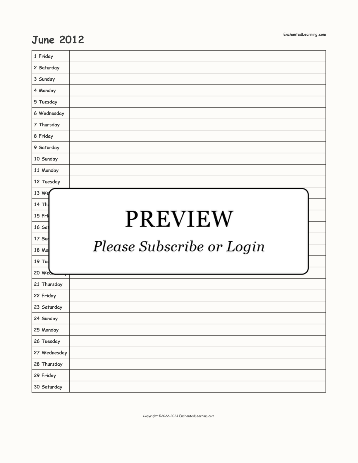 June 2012 Calendar interactive printout page 1
