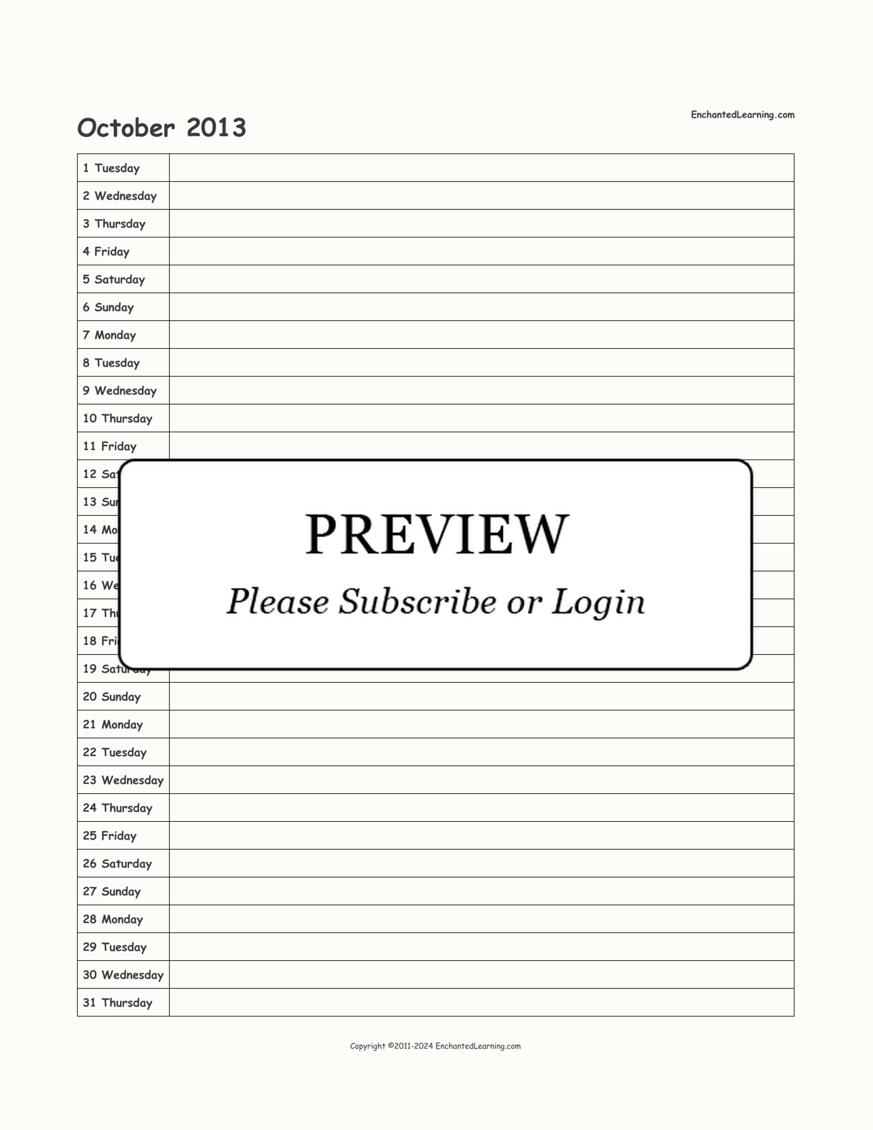 2013 Scheduling Calendar interactive printout page 10