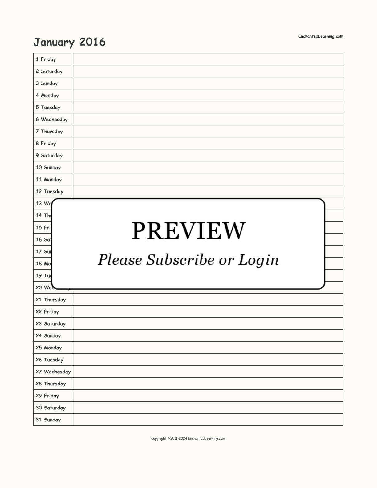 2016 Scheduling Calendar interactive printout page 1
