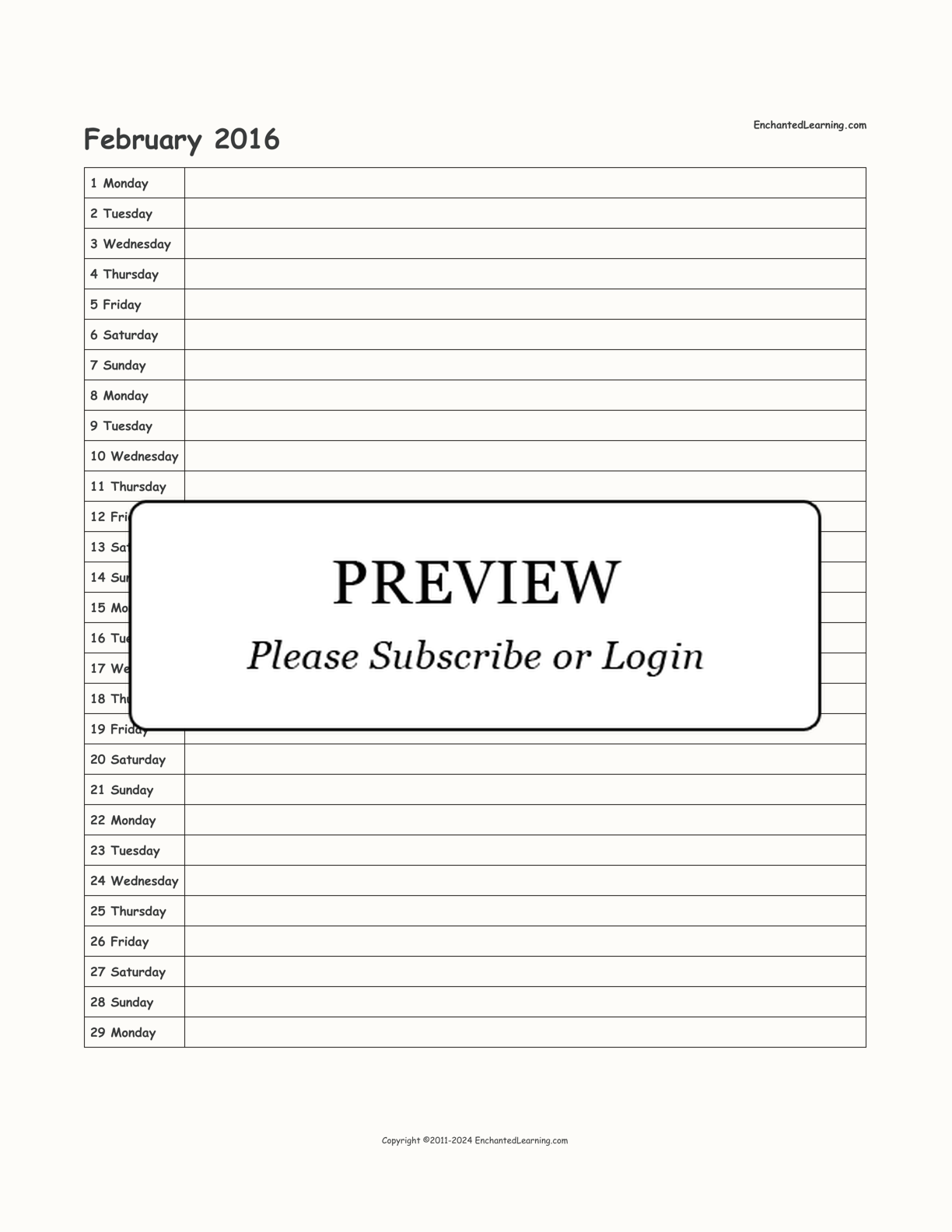 2016 Scheduling Calendar interactive printout page 2