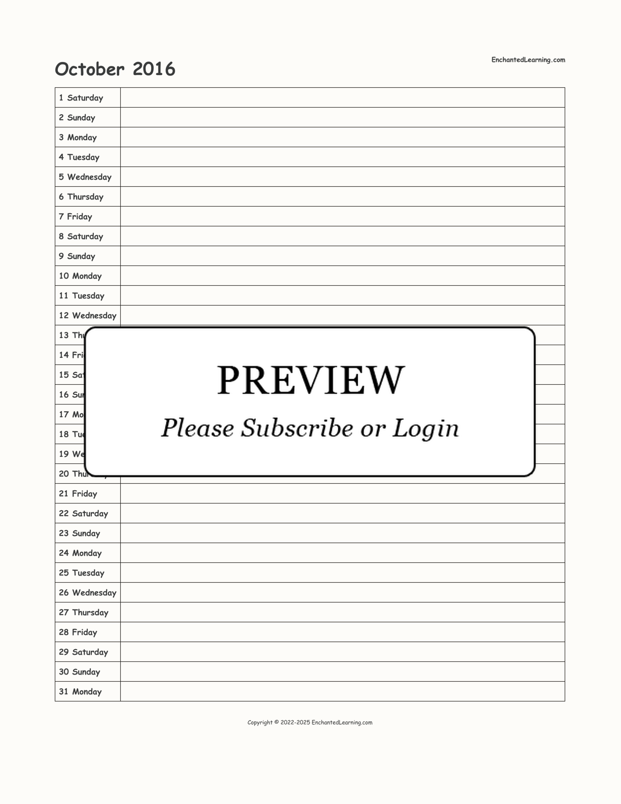 October 2016 Calendar interactive printout page 1