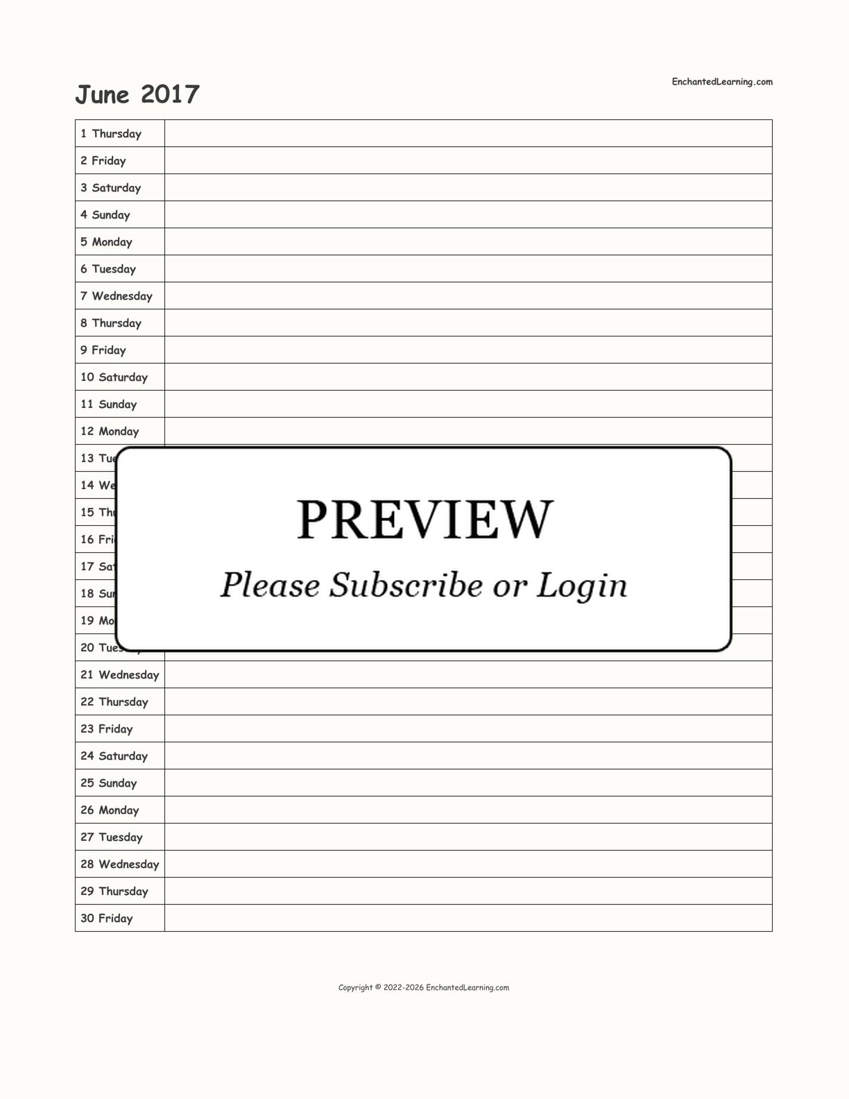 June 2017 Scheduling Calendar Enchanted Learning