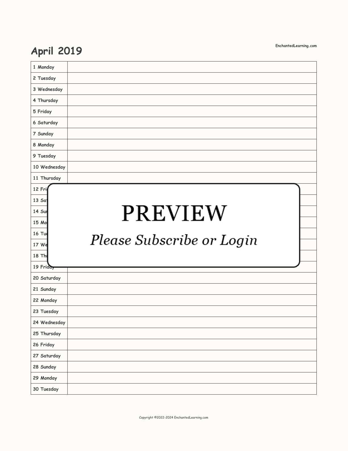 2018-2019 School-Year Scheduling Calendar interactive printout page 10