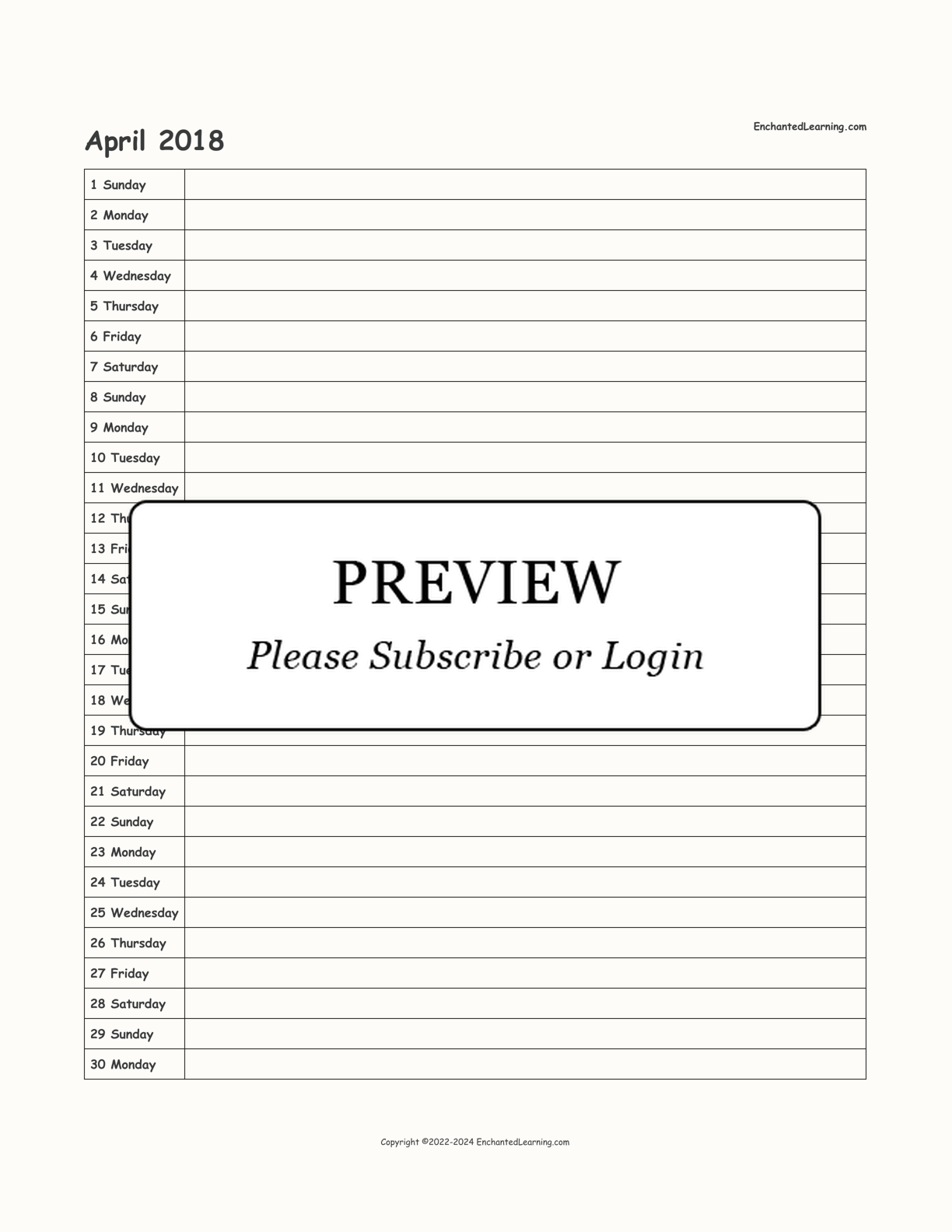 2018 Scheduling Calendar interactive printout page 4