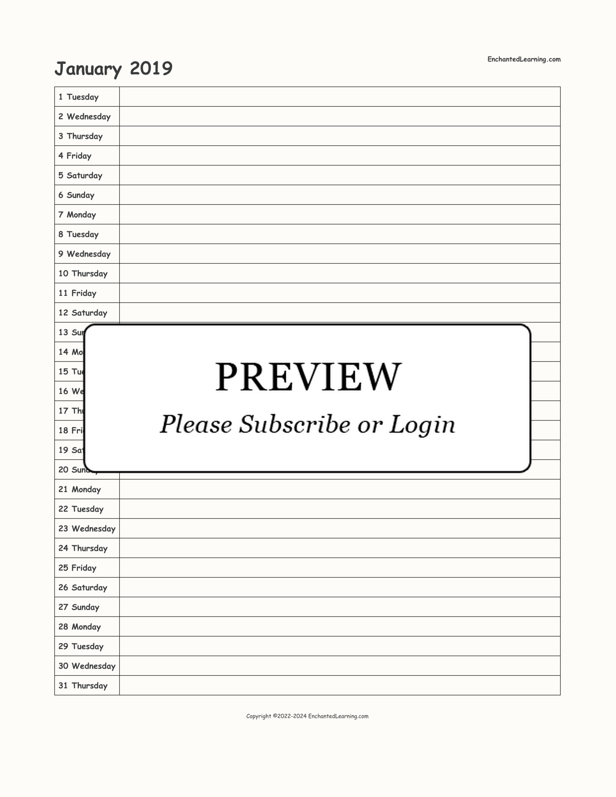 2019 Scheduling Calendar interactive printout page 1