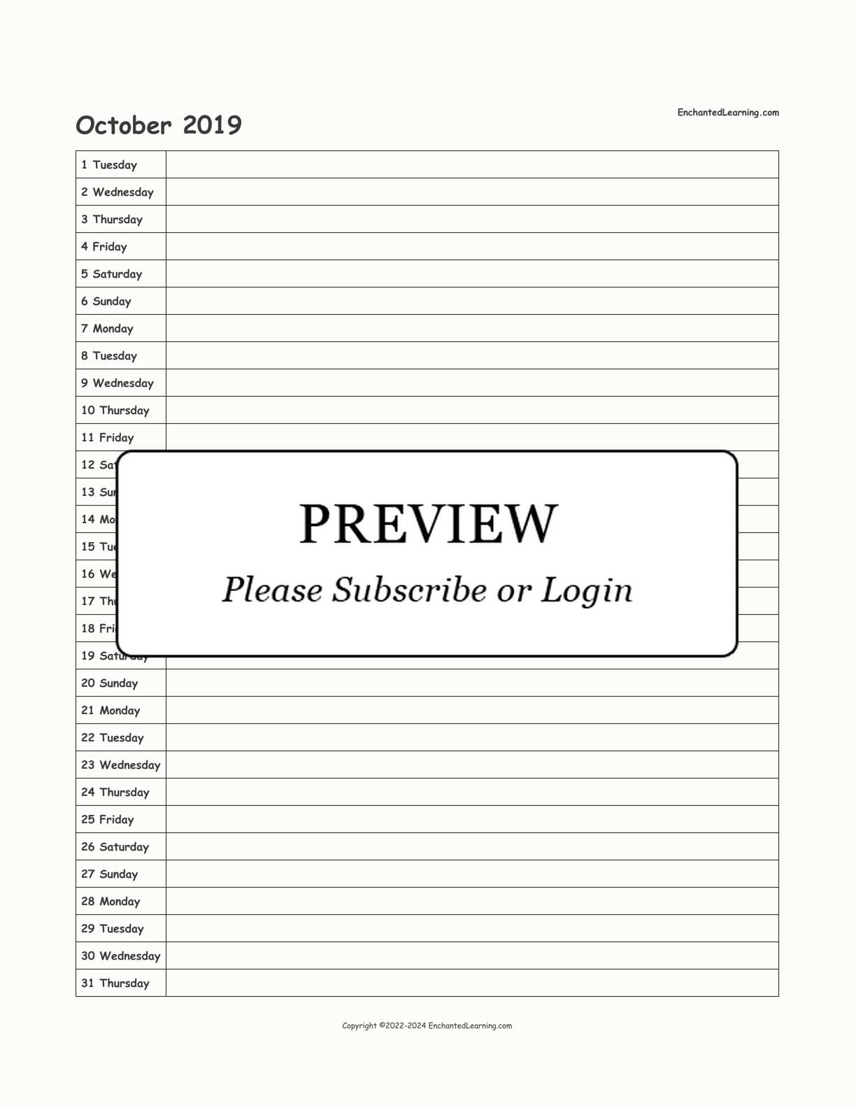 2019 Scheduling Calendar interactive printout page 10