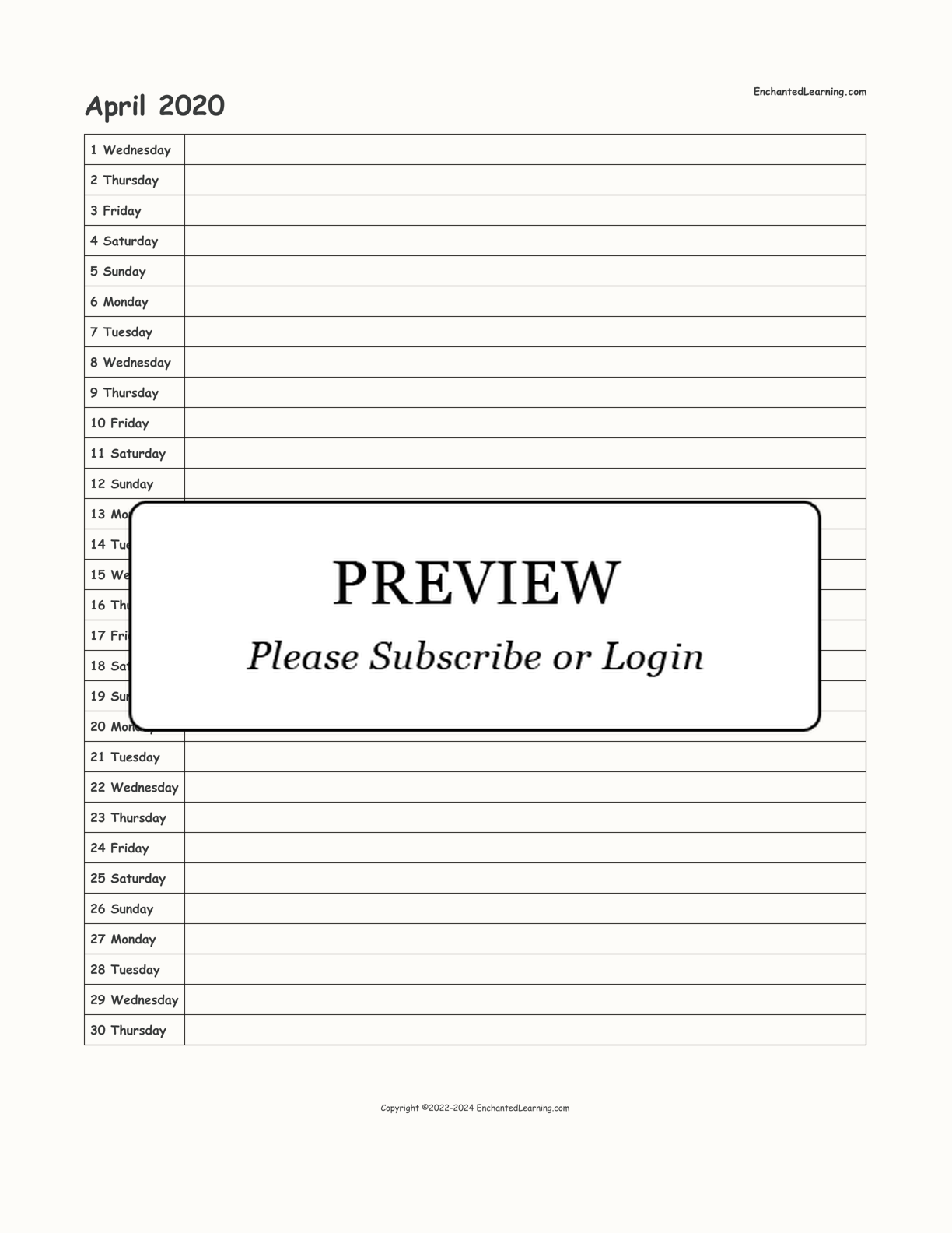 April 2020 Calendar interactive printout page 1