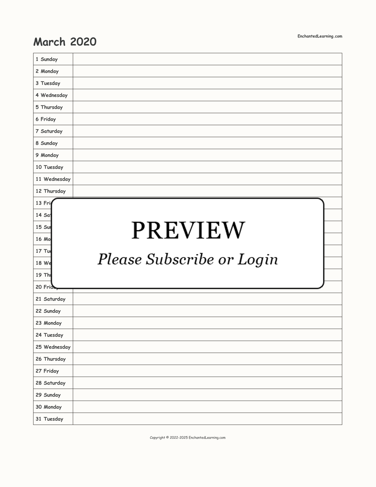 March 2020 Calendar interactive printout page 1