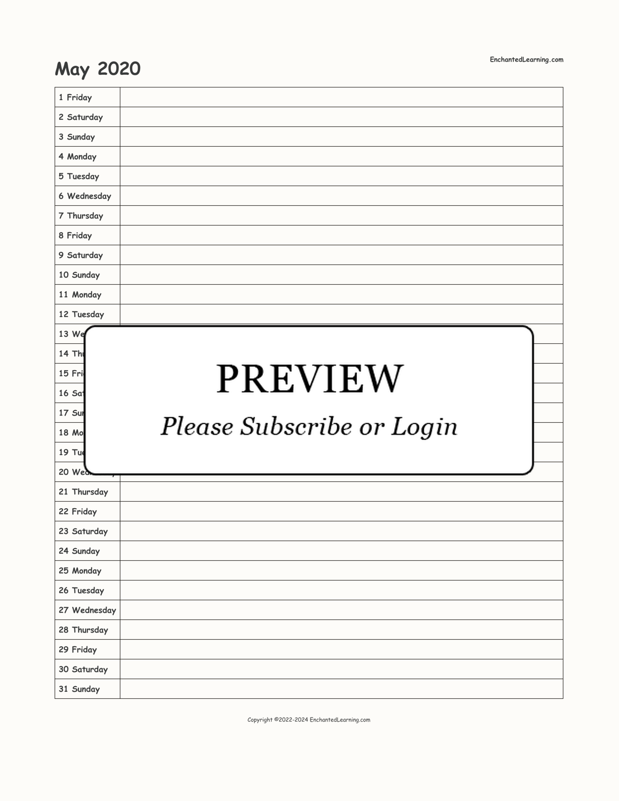 May 2020 Calendar interactive printout page 1