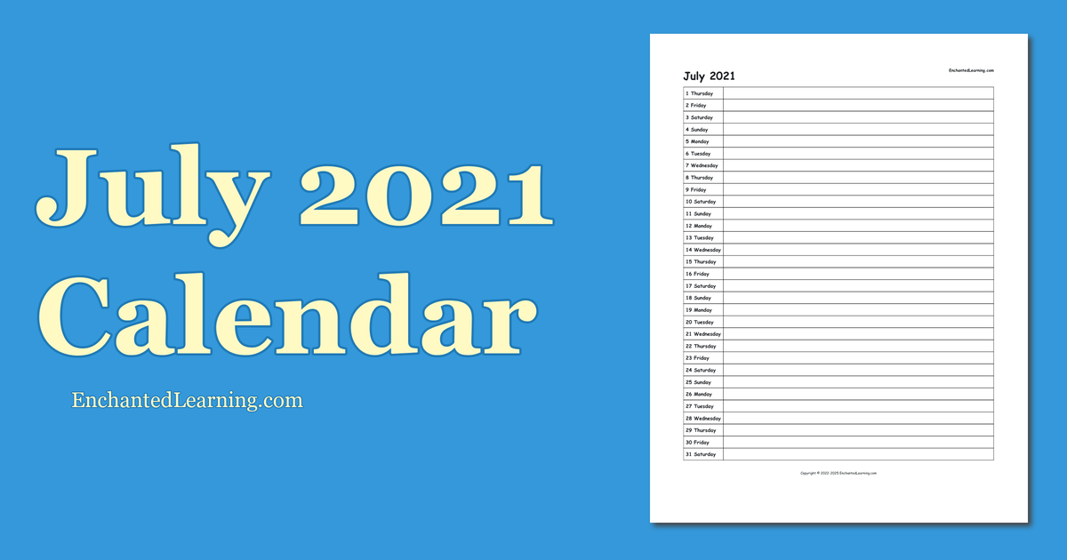 July 2021 Scheduling Calendar - Enchanted Learning