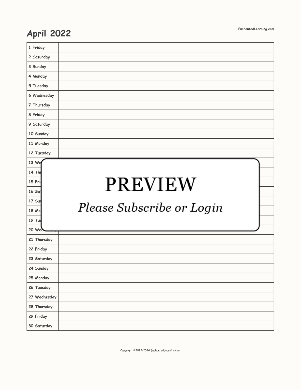 April 2022 Calendar interactive printout page 1