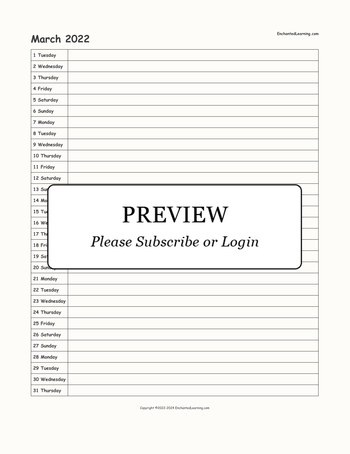 March 2022 Calendar interactive printout page 1