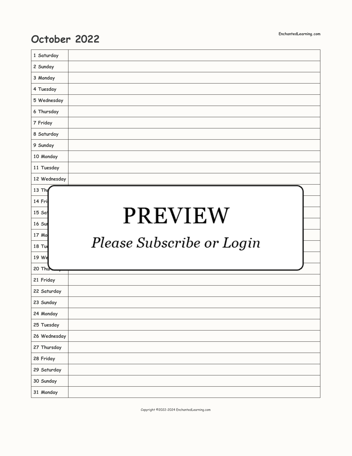 October 2022 Calendar interactive printout page 1