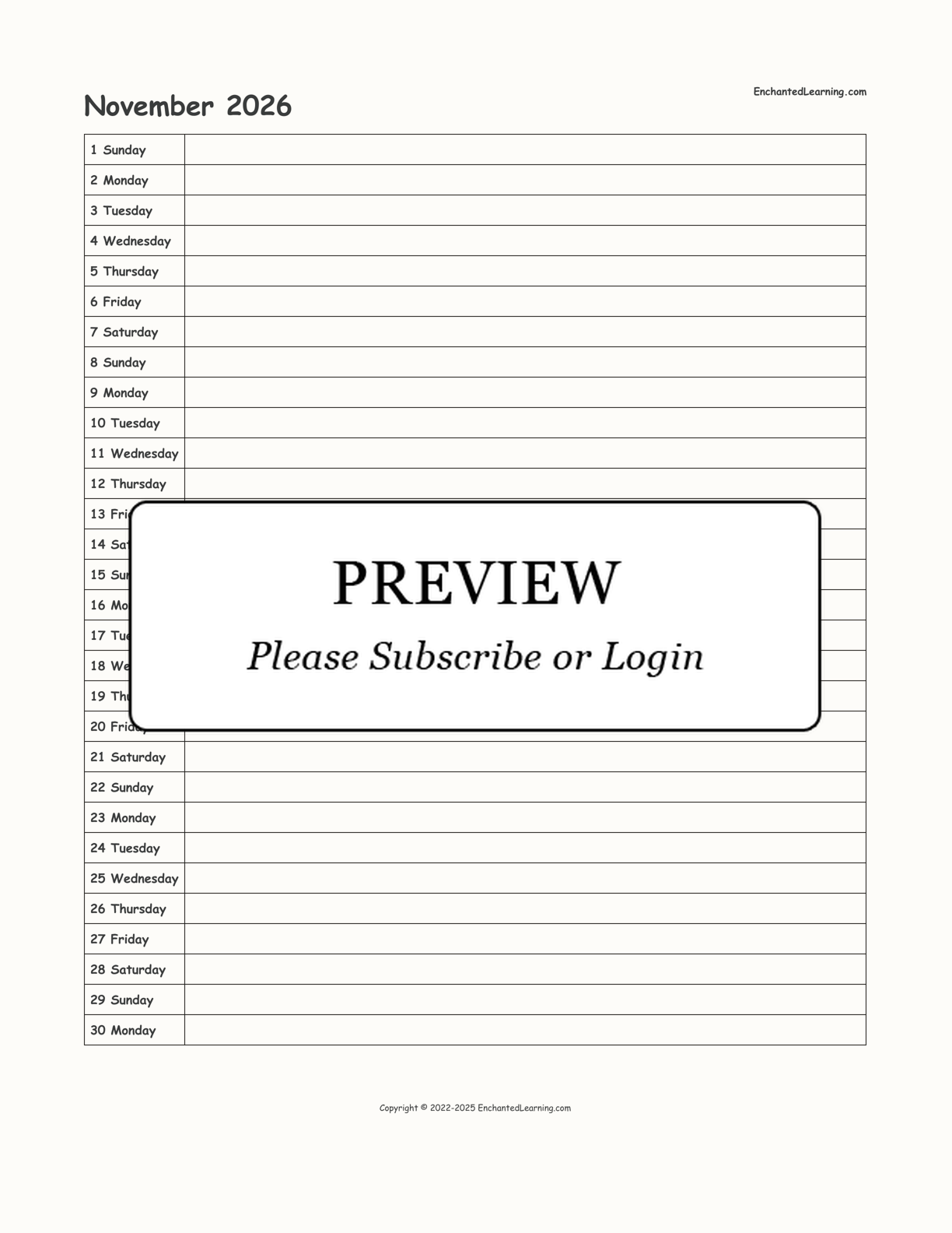 November 2026 Calendar interactive printout page 1