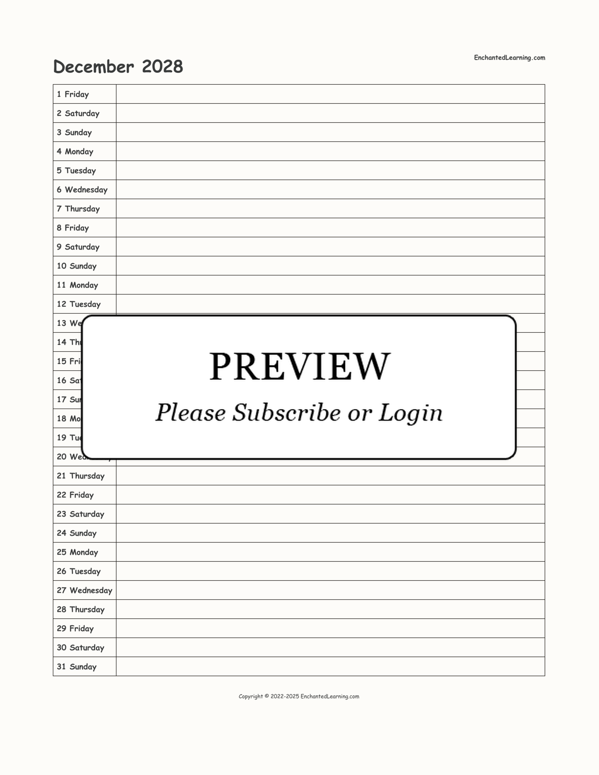 December 2028 Calendar interactive printout page 1