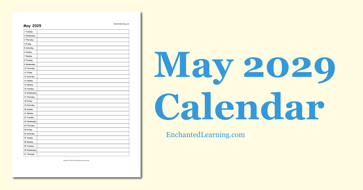 May 2029 Scheduling Calendar - Enchanted Learning