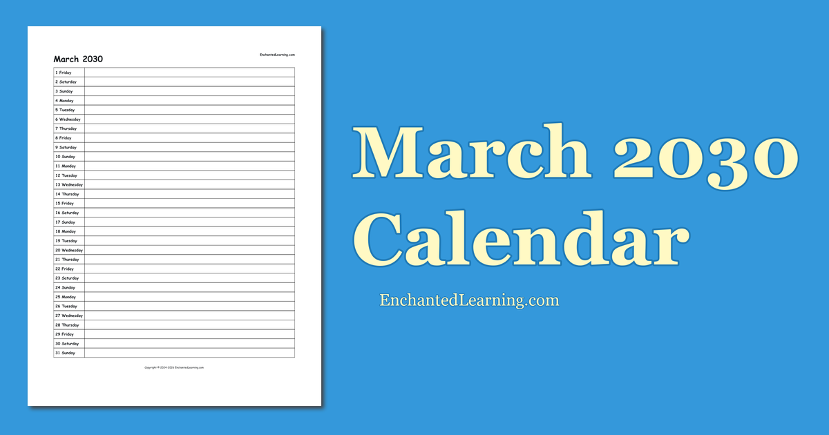 March 2030 Scheduling Calendar Enchanted Learning