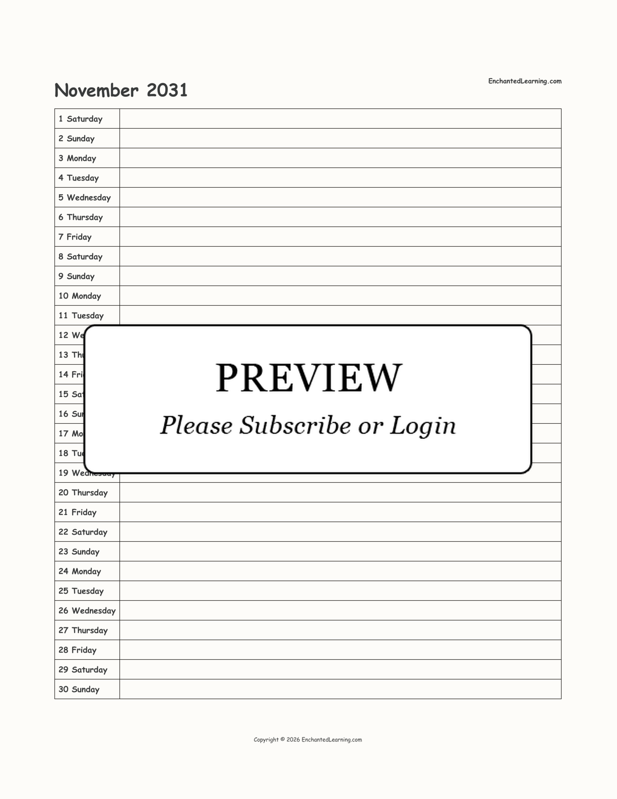 2031 Scheduling Calendar interactive printout page 11