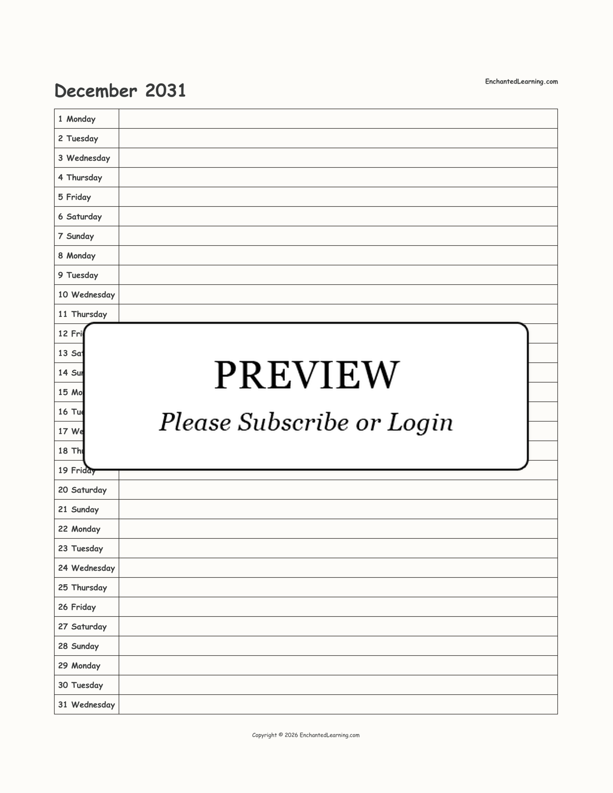 2031 Scheduling Calendar interactive printout page 12