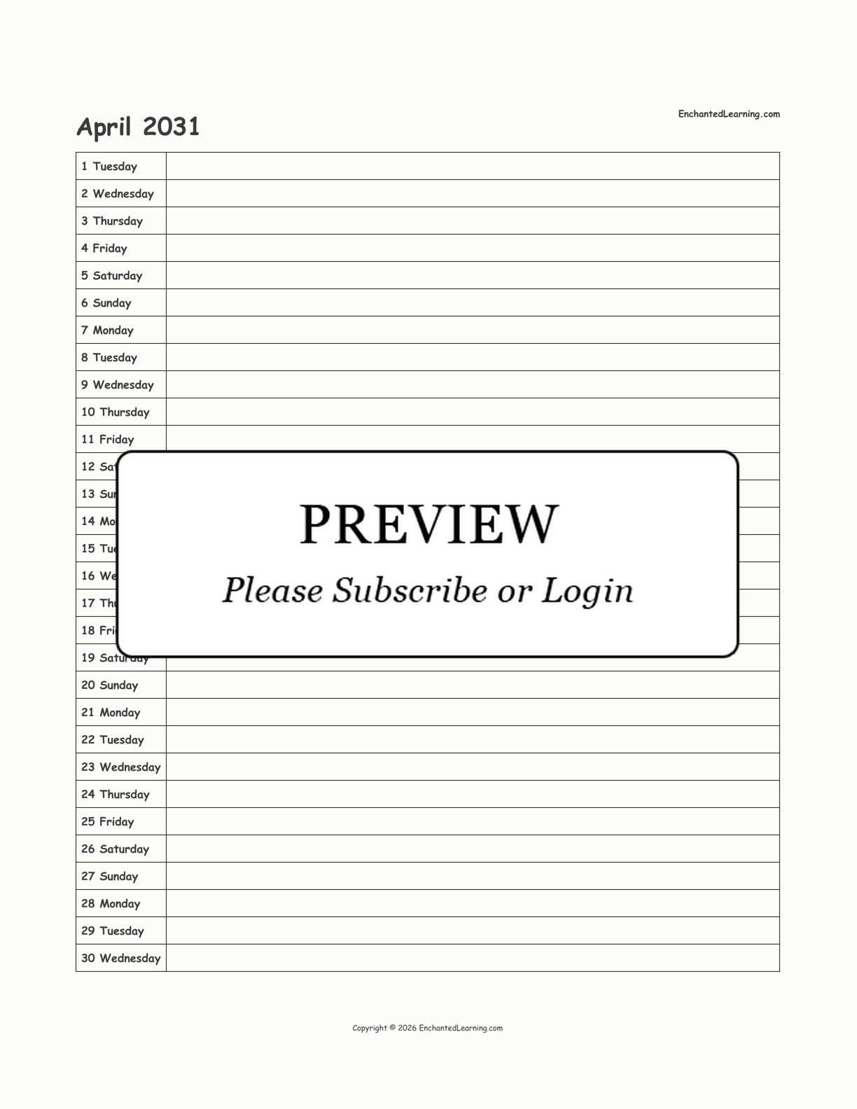 2031 Scheduling Calendar interactive printout page 4