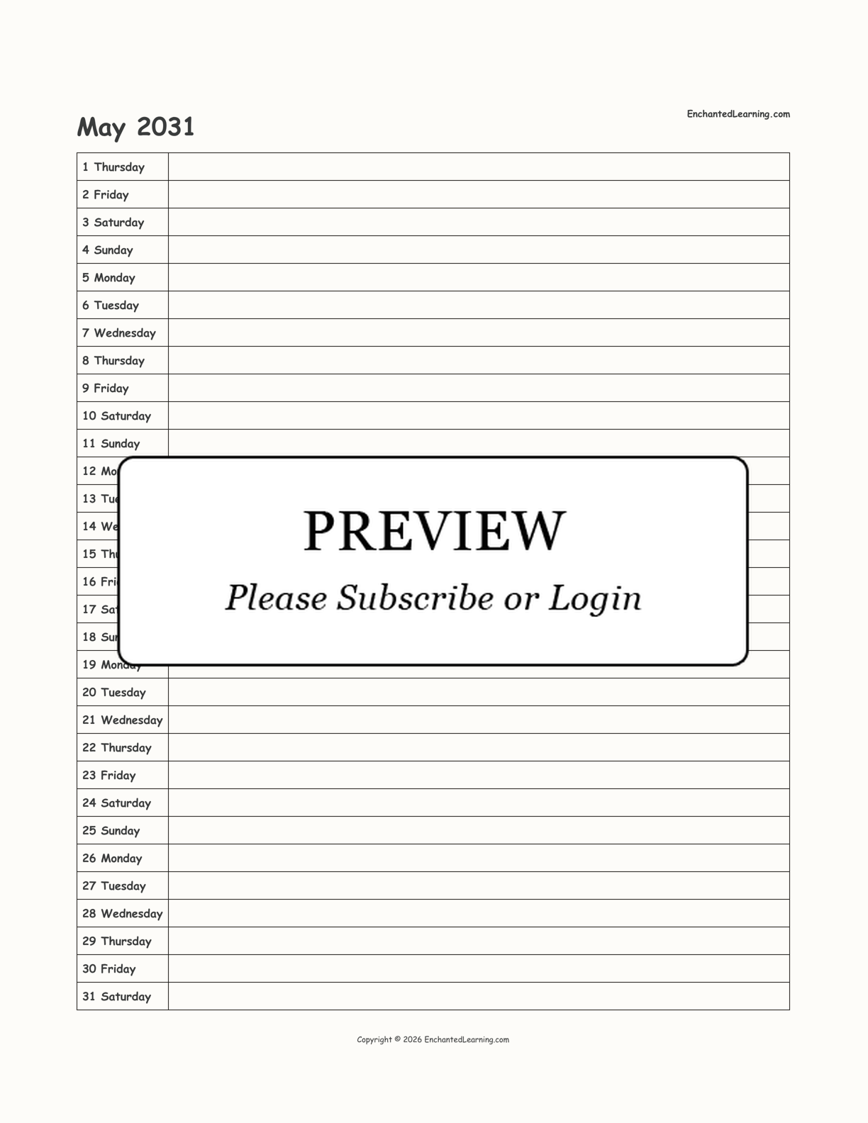 2031 Scheduling Calendar interactive printout page 5