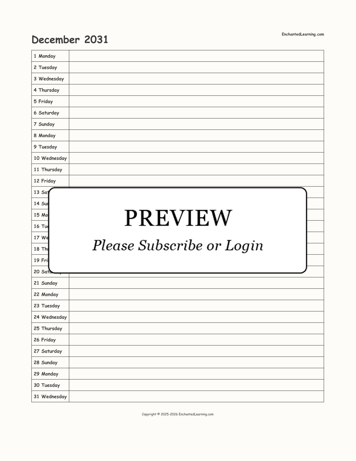 December 2031 Calendar interactive printout page 1