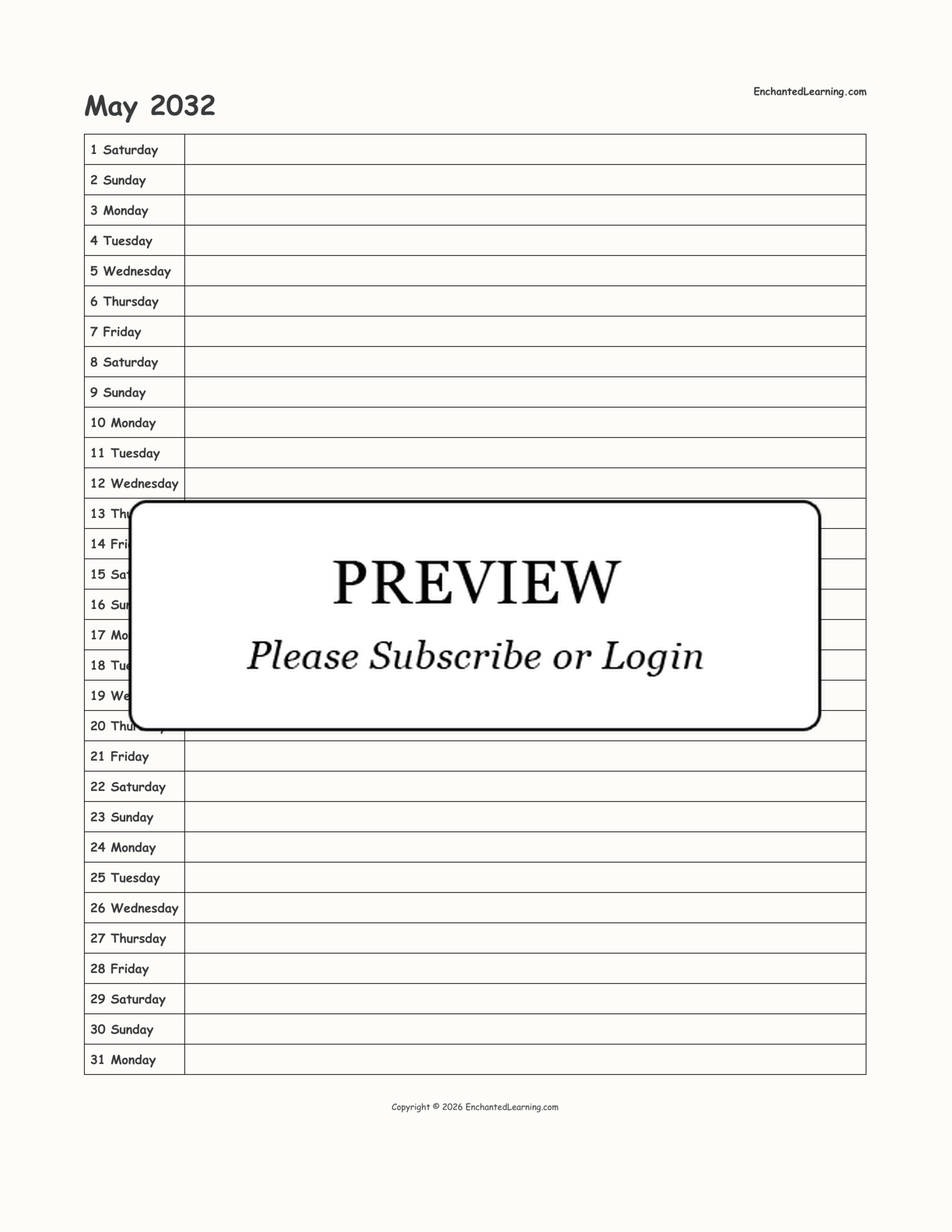 May 2032 Calendar interactive printout page 1