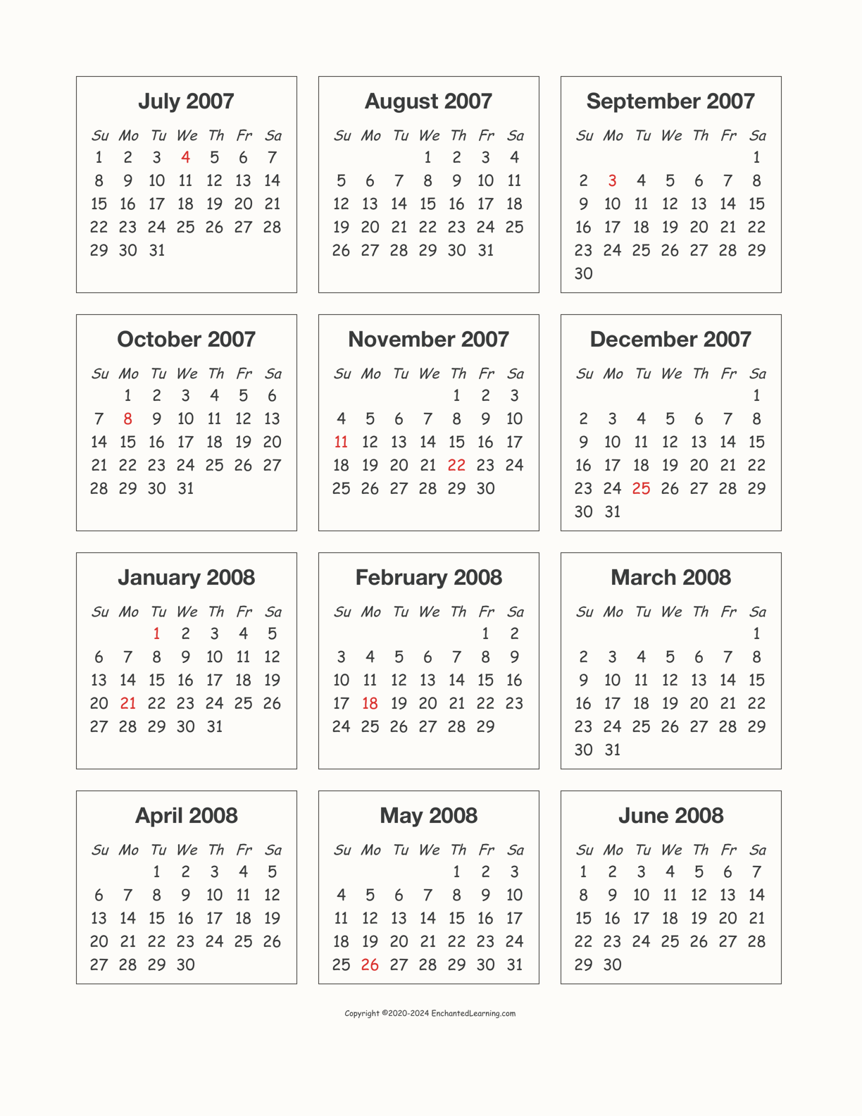 2007-2008 Calendar interactive printout page 1