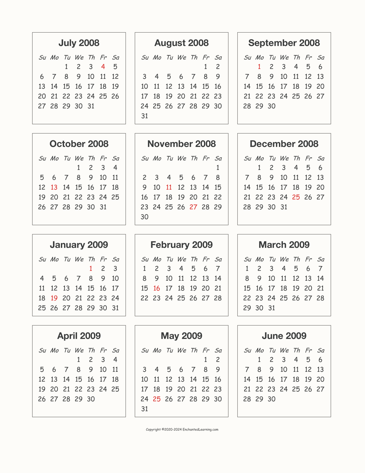 2008-2009 Calendar interactive printout page 1