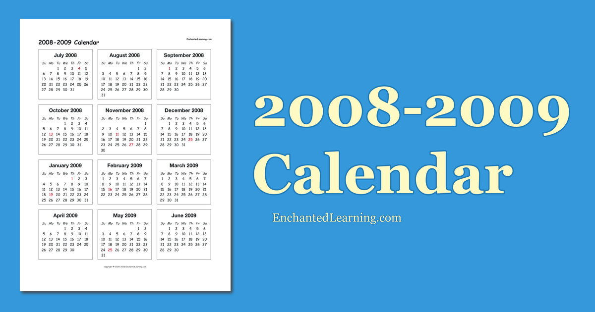 2008 2009 School Year One Page Calendar Enchanted Learning