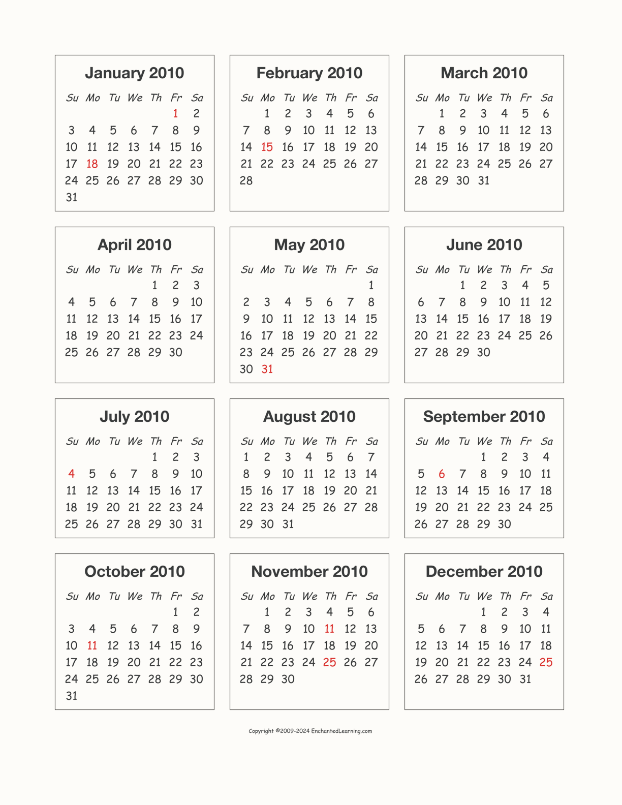 2010 Calendar interactive printout page 1