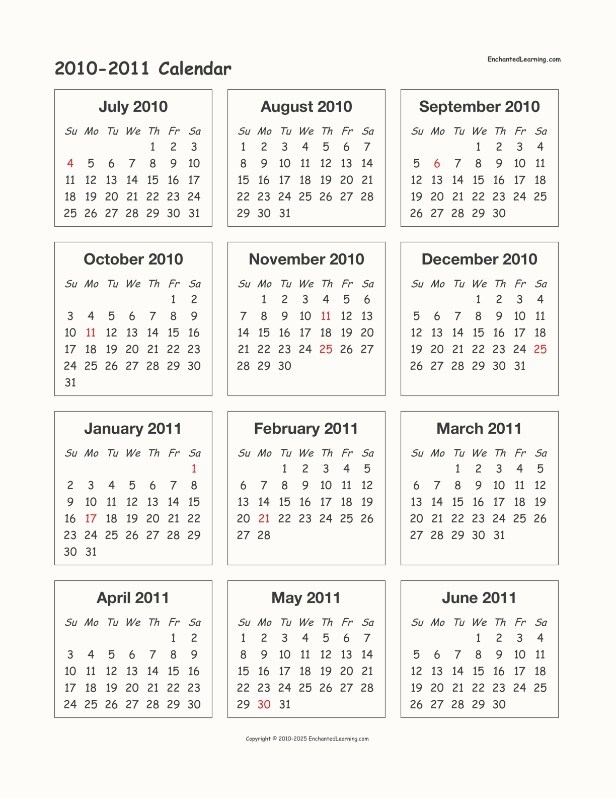 2010-2011 Calendar interactive printout page 1