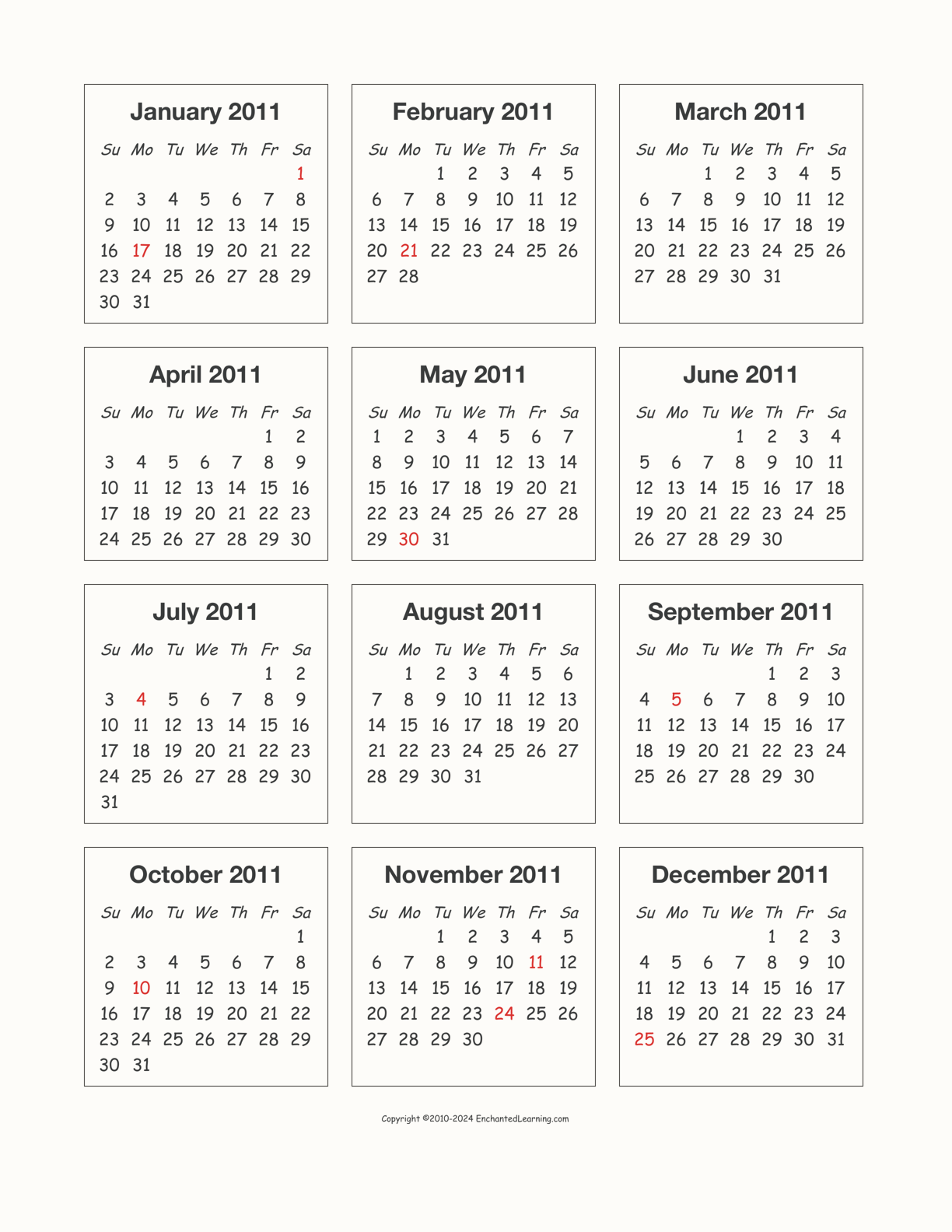 2011 Calendar interactive printout page 1