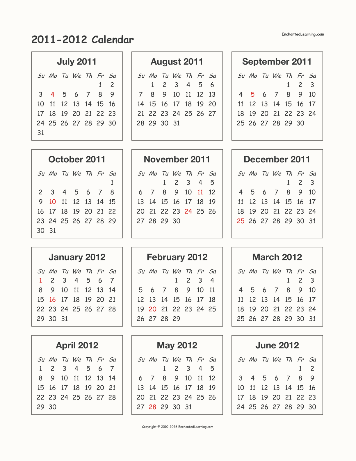 2011 2012 School Year One Page Calendar Enchanted Learning 2011 2012 School Year One Page Calendar Enchanted Learning