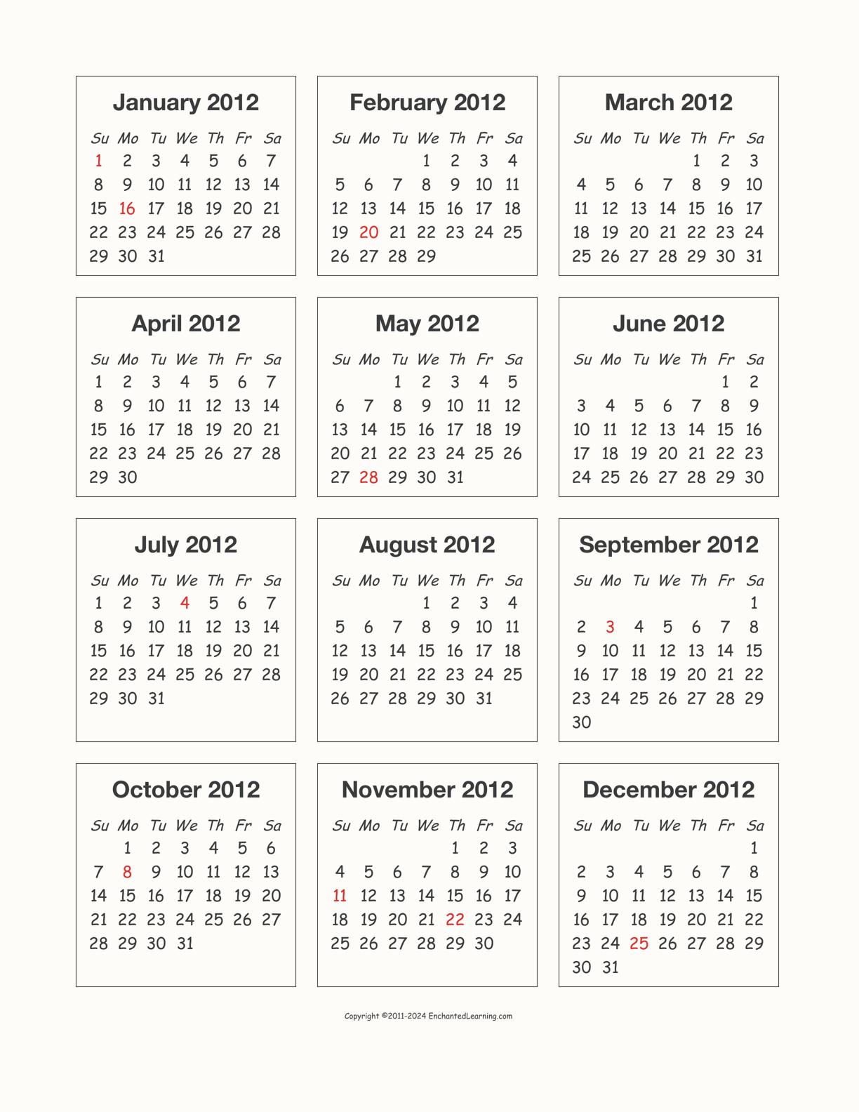 2012 Calendar interactive printout page 1