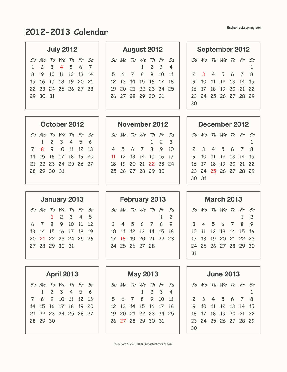 2012-2013 Calendar interactive printout page 1