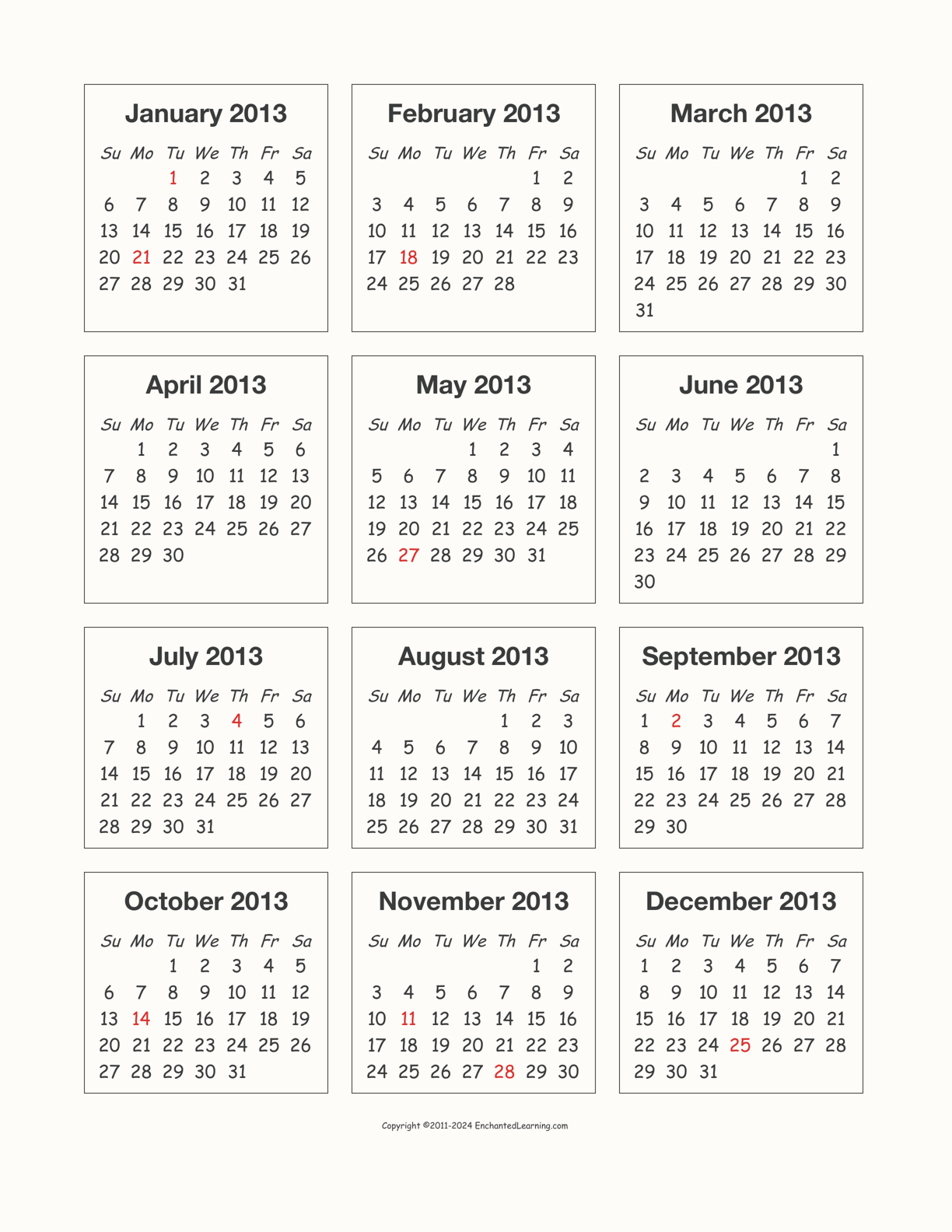 2013 Calendar interactive printout page 1