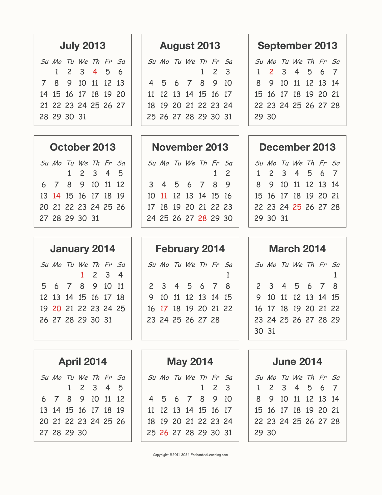 2013-2014 Calendar interactive printout page 1