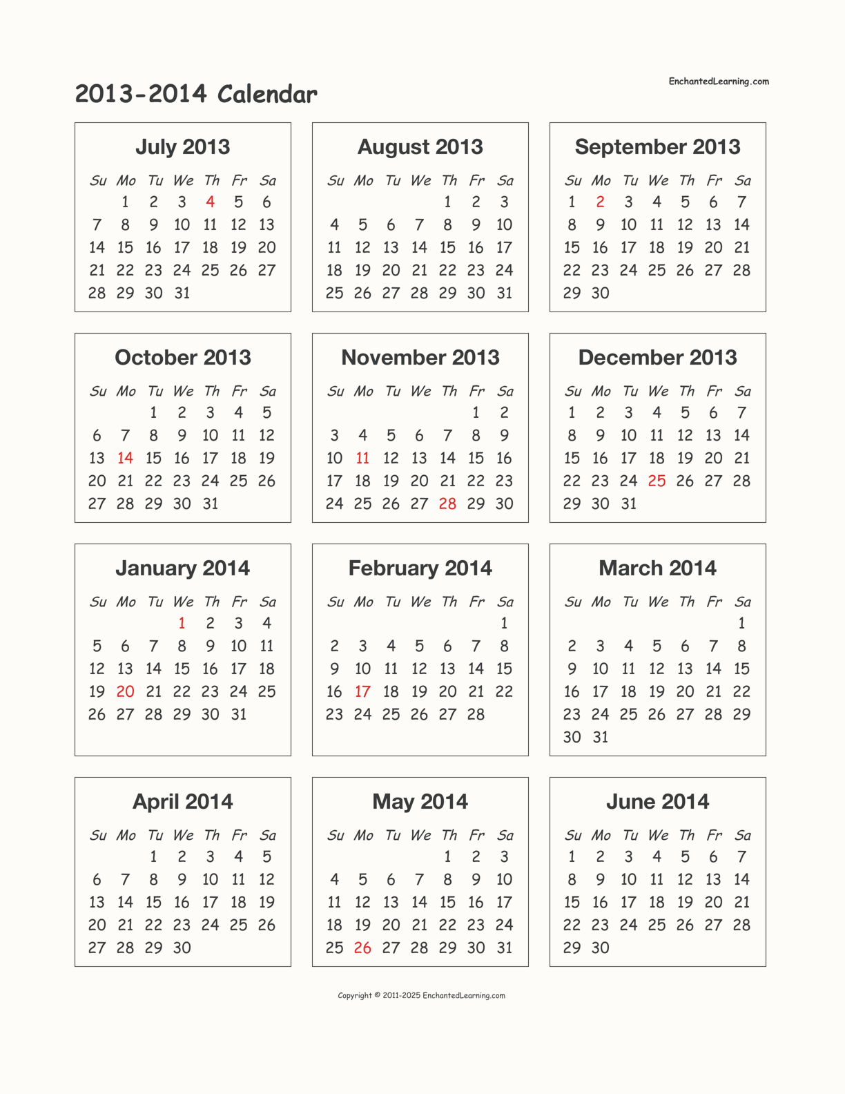 2013-2014 Calendar interactive printout page 1