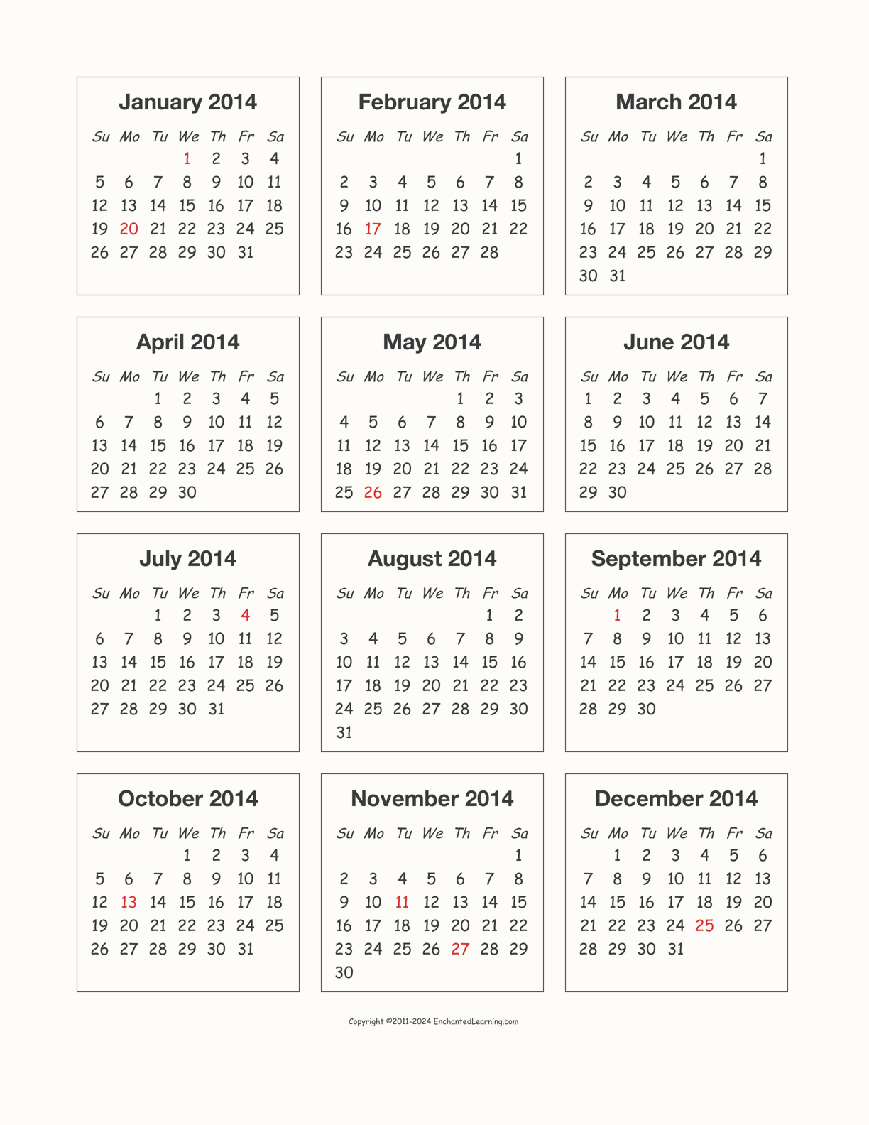 2014 Calendar interactive printout page 1