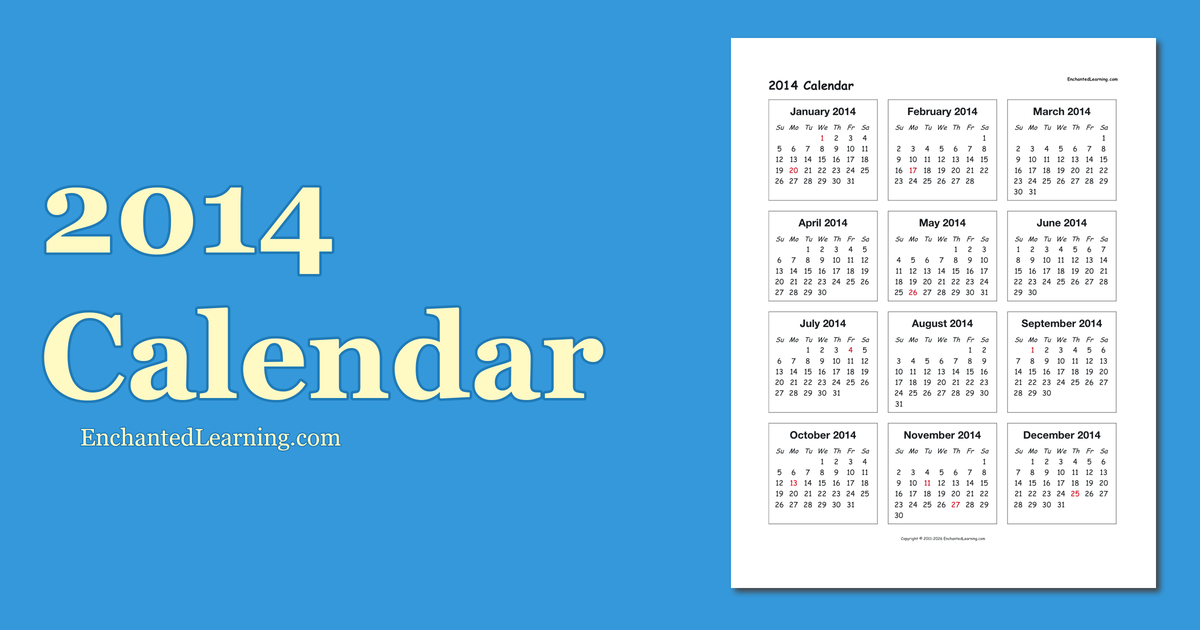 2014 One Page Calendar Enchanted Learning