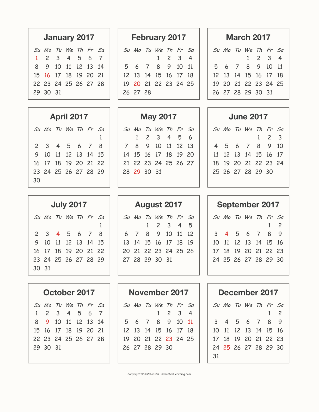 2017 Calendar interactive printout page 1