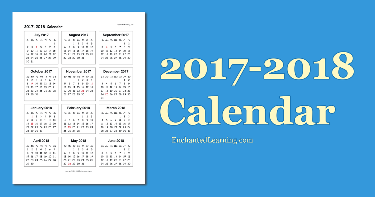 2017-2018 School-Year One-Page Calendar - Enchanted Learning