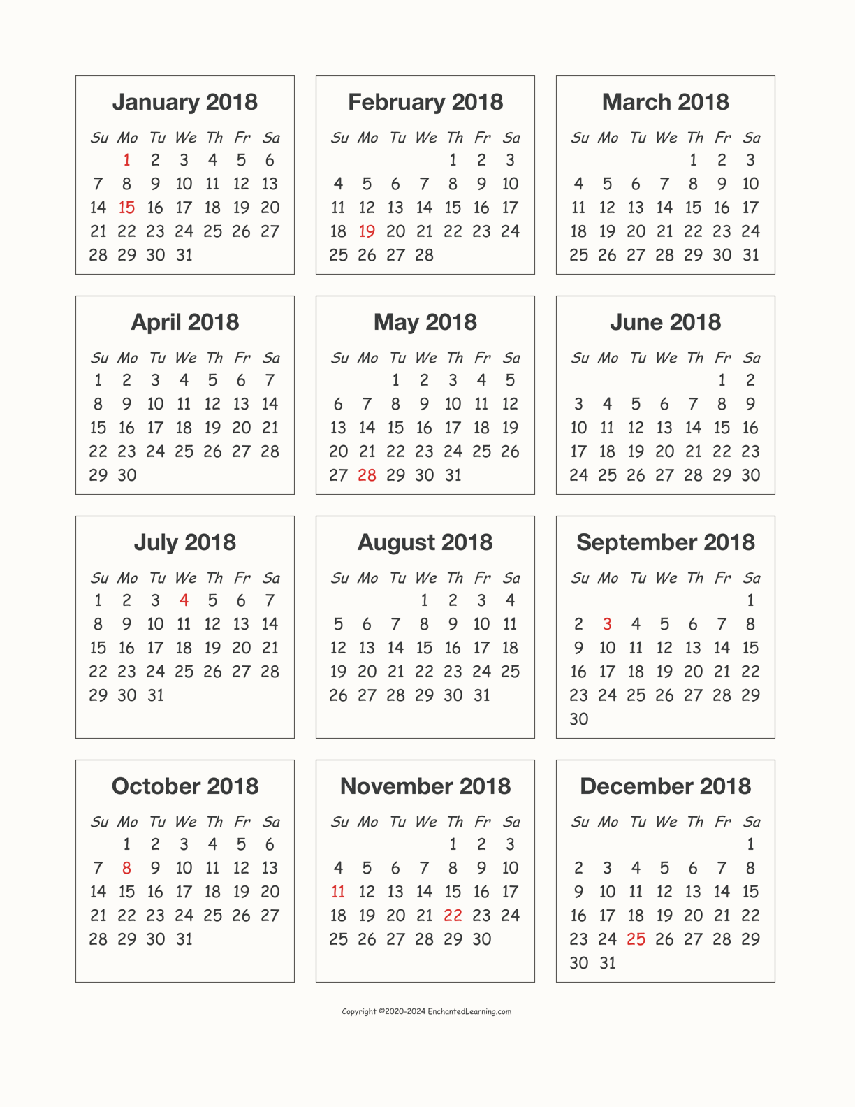 2018 Calendar interactive printout page 1