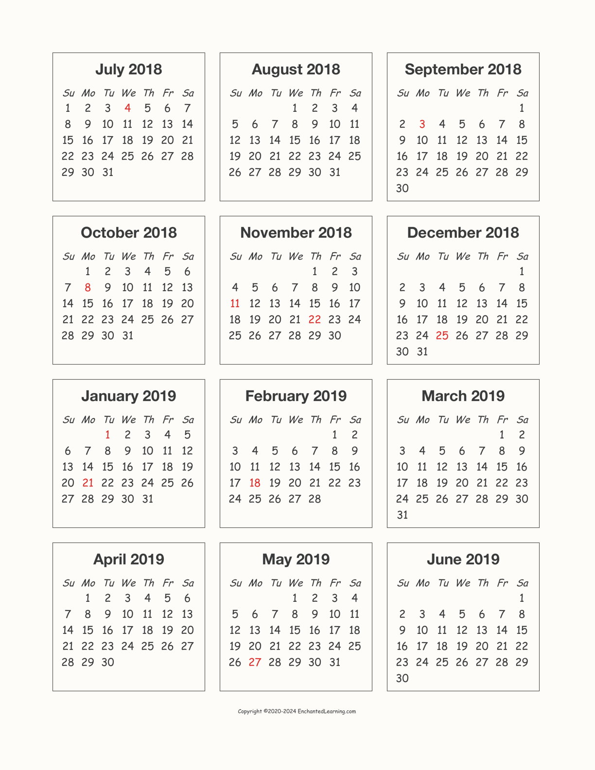 2018-2019 Calendar interactive printout page 1