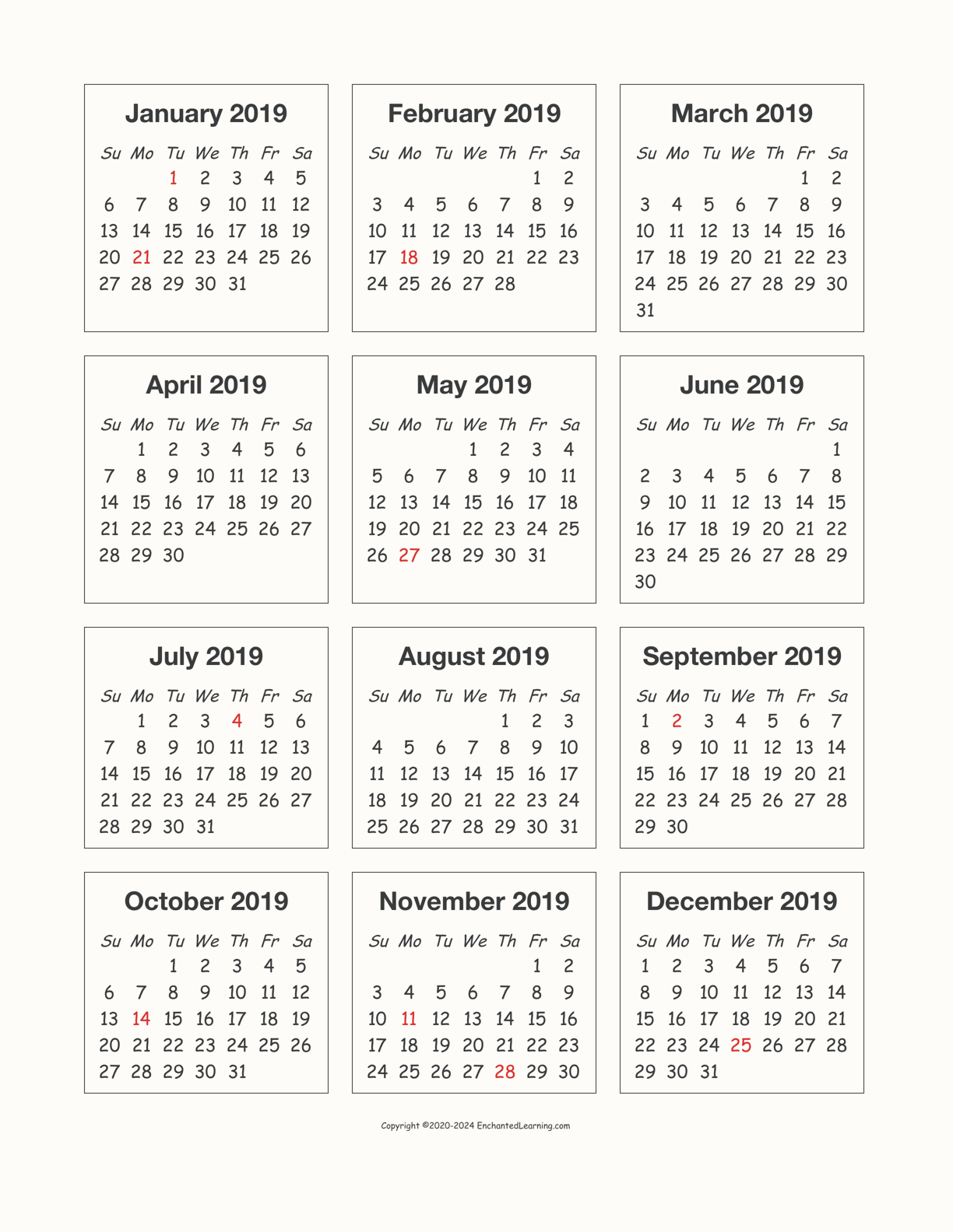 2019 Calendar interactive printout page 1
