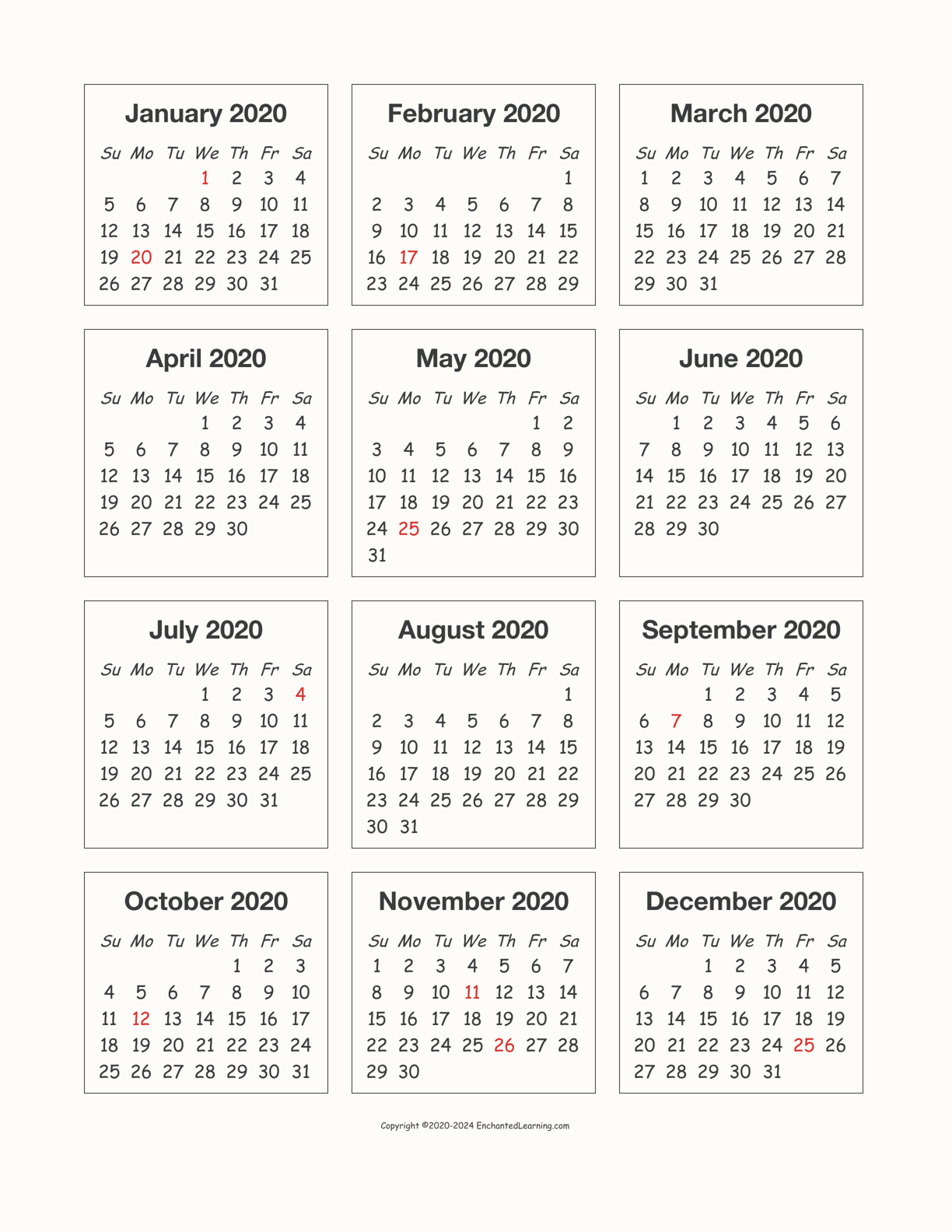 2020 Calendar interactive printout page 1